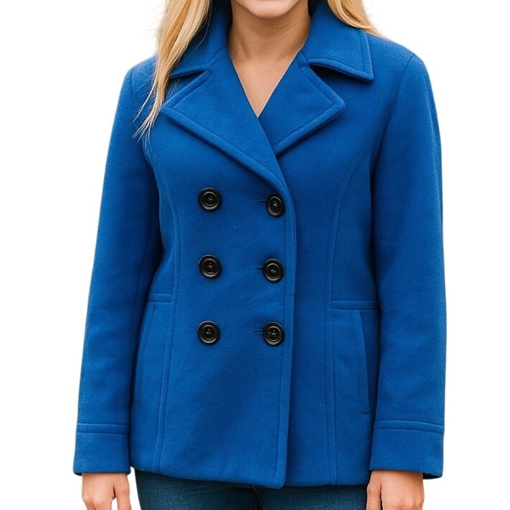 St. John's Bay 3-Button Double Breasted Wool Cashmere Pea Coat Blue Size Large